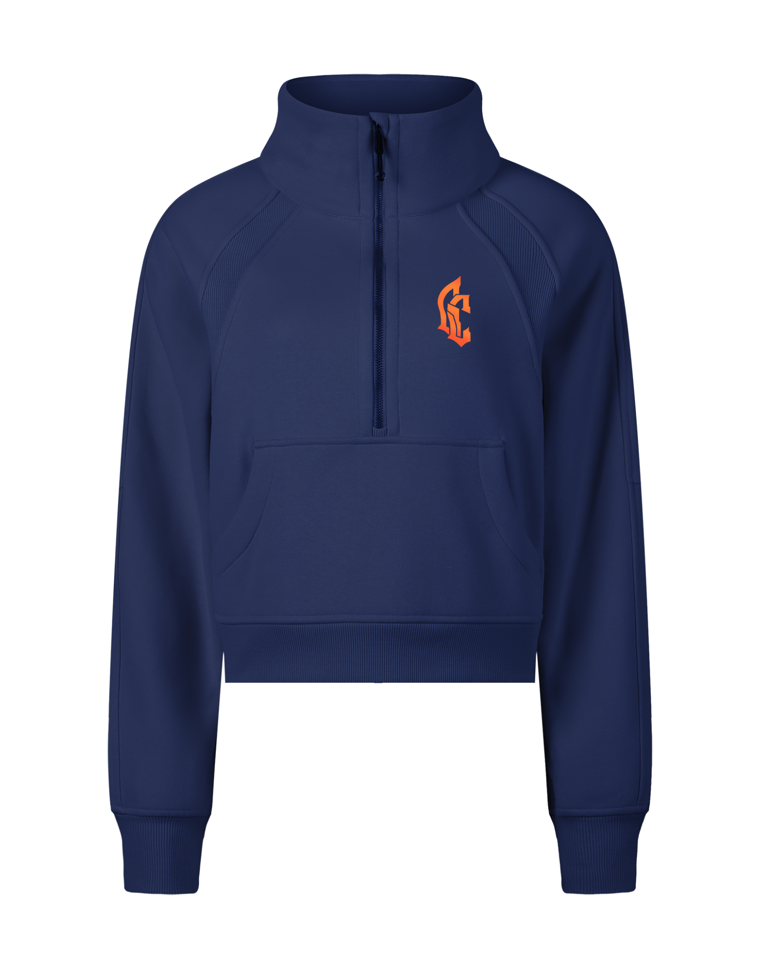 A sleek navy quarter-zip pullover featuring a bold orange emblem on the chest. Designed with a high collar and kangaroo pocket for comfort and style—perfect for layering in cooler weather.