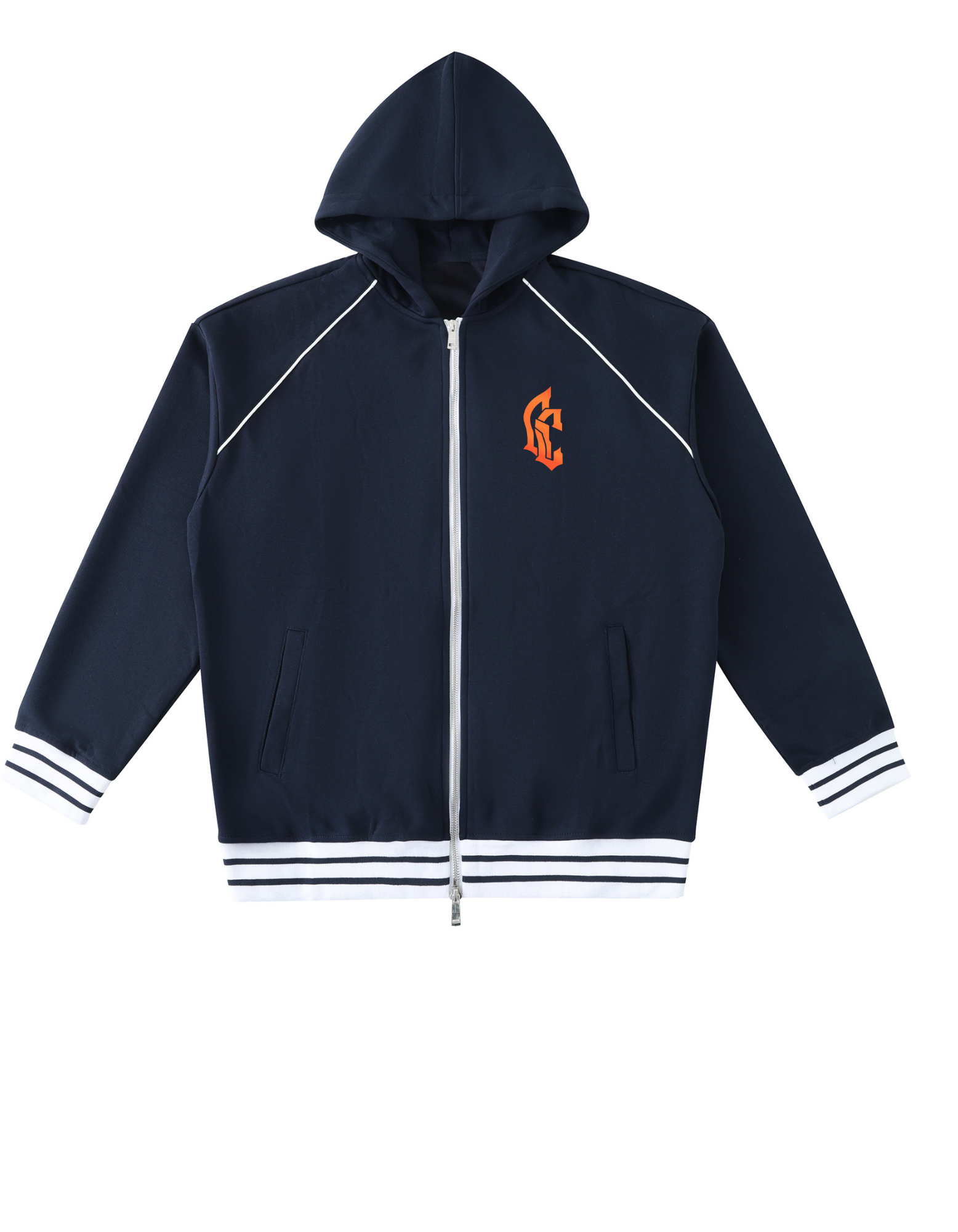 This navy full-zip hoodie blends sporty and casual vibes with striped cuffs and hem. Highlighted by an orange chest emblem and white piping, it’s a go-to piece for everyday wear.